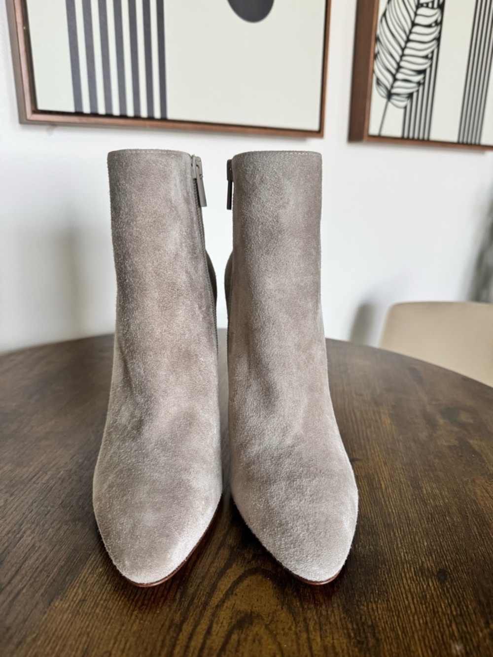 Christian Louboutin Taupe Suede Ankle Boots with Sculptural Clear Accent Heel - Picture 2 of 5